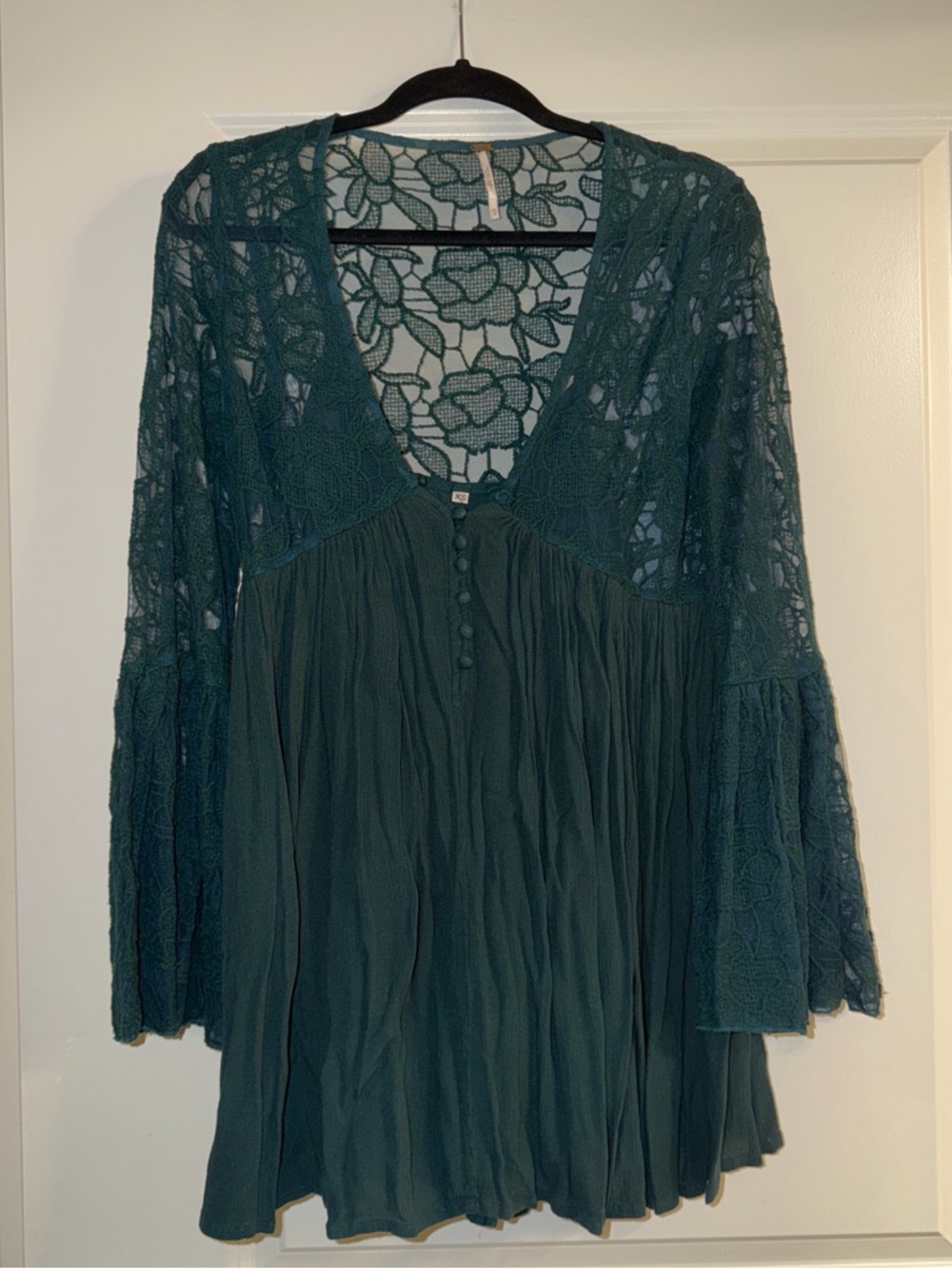 Free People Green Lace & Pleated V-Neck Dress